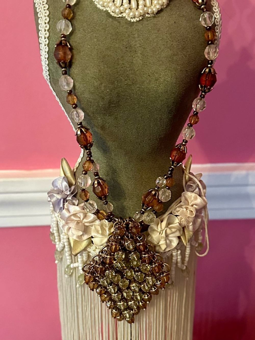 Chico's Brown and Clear Beaded Pendant Statement Necklace